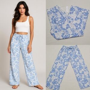 Sienna Sky Blue White Floral Print Tie-Waist High Waisted Wide Leg Casual Pants